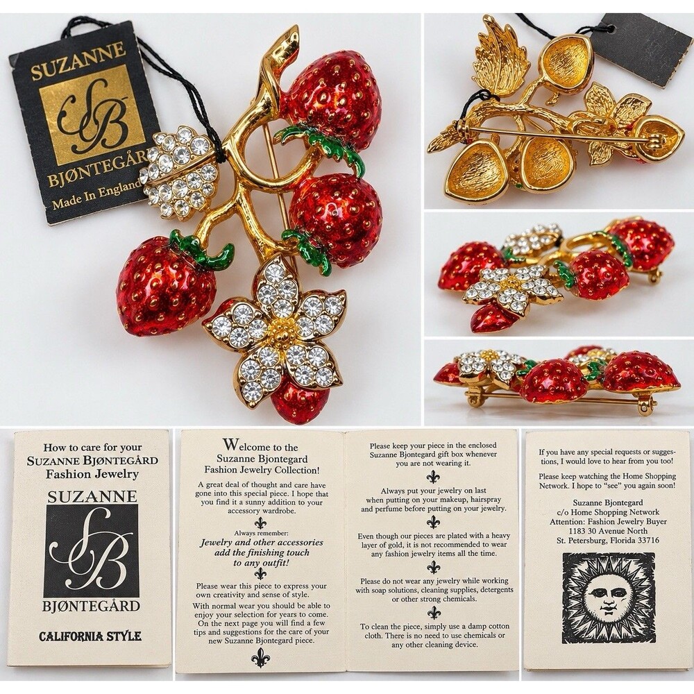 Suzanne Bjontegard Strawberry Brooch Rhinestone Enamel Vintage Tag Booklet NOS